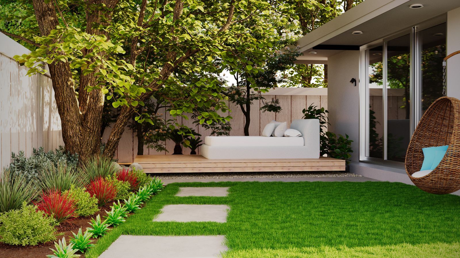 Modern residence with stepping-stone path, lawn and layered planting