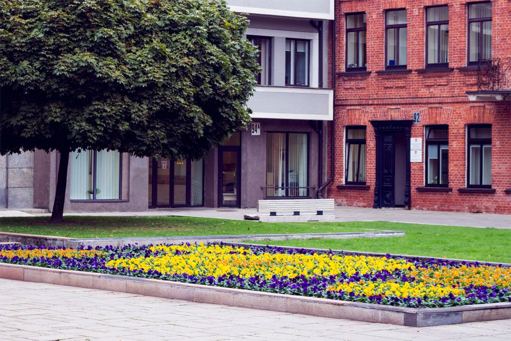 Civic lawn with a geometric flower bed in front of mixed-use buildings